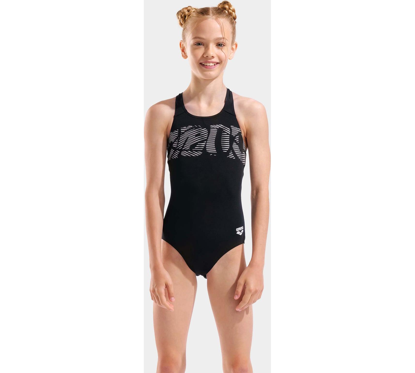 Купальник закритий для дівчат Arena GRAPHIC SWIMSUIT V BACK чорний, білий дитячий