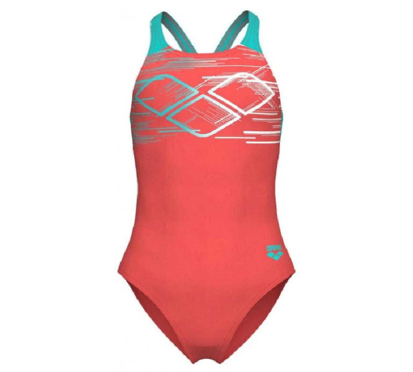 Купальник для дівчат Arena PASTIME SWIMSUIT V BACK моркв'яний, бірюзовий, білий дитяча