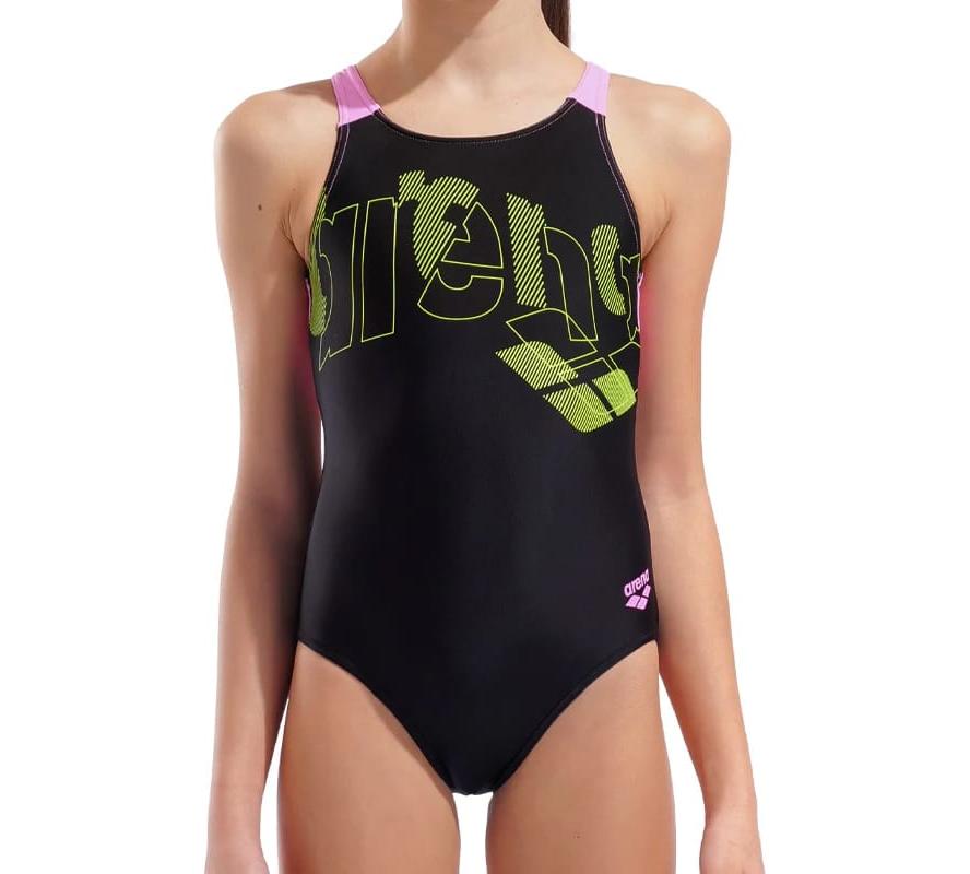 Купальник закритий для дівчат Arena TALES SWIMSUIT V BACK чорний, жовтий, рожевий Діт